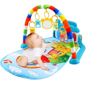 Baby Gym Play Mat Sensory Gym Baby Play Mat Toddler Activity Gym Baby Playmat Plays Piano Gym with Musical and Sensory Toys with 5 Cute Detachable Toys for 3-12 Months Babies