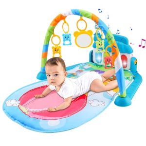 Baby Gym Play Mat Sensory Gym Baby Play Mat Toddler Activity Gym Baby Playmat Plays Piano Gym with Musical and Sensory Toys with 5 Cute Detachable Toys for 3-12 Months Babies