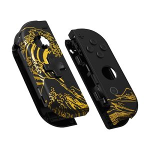 eXtremeRate The Great GOLDEN Wave Off Kanagawa - Black Joycon Handheld Controller Housing (D-Pad Version) w/Full Buttons