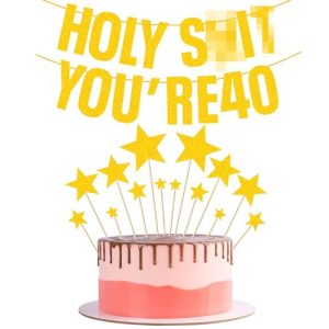 YADODO 40th Birthday Decorations Banner for Women Men with Gold Glitter Cake Toppers 40th Birthday Banner Sign Holy Sh** You're 40 Funny Happy Birthday Banner 40 for Women Men Her HIm Birthday Party