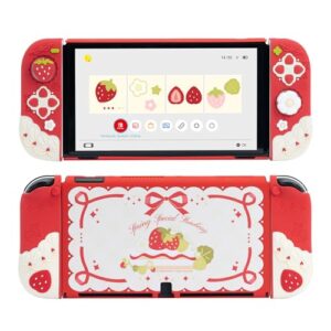 GeekShare Soft Silicone Protective Case for Switch OLED Anti-Scratch Slim Cover Case Compatible with Nintendo Switch OLED Separable Protective Shell with 2 Thumb Grip Caps - Spring Special Strawberry