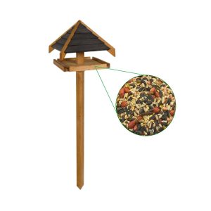 Green Feathers Handcrafted Wooden Pine & Charcoal Bird Table with Sheltered Roof & Mounting Stake for Outdoor Garden - Feeding Station for Small to Medium Birds (Charcoal Roof Bird Table & Seed Mix)