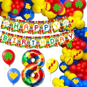 Roaring Good Time 8th Birthday Decoration Building Blocks Themed Birthday Party Decorations Building Blocks Balloons Banner Colorful Themed Birthday Party Pack Supplies Number 8 Balloons