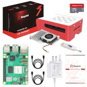 iRasptek Raspberry Pi 5 4GB Starter Kit - 64GB Pre-installed Raspberry Pi OS（Red&White Case）