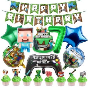 Mine Craft Balloons 7 Year Birthday Decorations Mine Craft Cake Toppers for Boys age 7 Gaming Party Decorations Birthday Gamer Balloons Green Birthday Banner Gaming Cupcake Toppers Cake Decorations