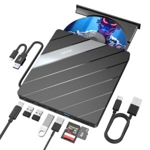 Alxum External CD Drive - Type-C USB 3.0 Portable DVD/CD RW ROM Burner Writer with SD/TF Slot & USB Ports CD 24X DVD 8X Super Fast Speed CD/DVD Reader for Laptop/Windows/Linux/Vista/Imac/Macbook