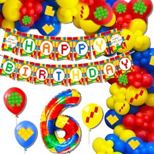 Roaring Good Time 6th Birthday Decoration Building Blocks Themed Birthday Party Decorations Building Blocks Balloons Banner Colorful Themed Birthday Party Pack Supplies Number 6 Balloons