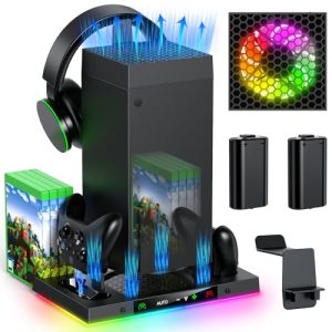 Auto Cooling Fan and Charge Stand Accessories for Xbox Series X Console with 15 Light Modes