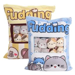 Fellflying 2pcs Cute Snack Pillow Stuffed Animal Toys Cat Plush Toy Pudding Decorative Throw Pillow Removable Kitty Dolls Creative Toy For Teens Girls Kids 40x36cm