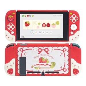 GeekShare Soft Silicone Protective Case for Switch Anti-Scratch Slim Cover Case Compatible with Nintendo Switch Separable Protective Shell with 2 Thumb Grip Caps - Spring Special Strawberry