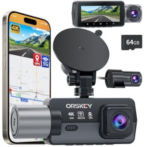 ORSKEY 4K 3 Channel Dash Cam 5G WiFi Built-in GPS with 64GB Card