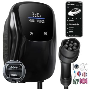 Tera EV Charger with Reservation 32A Type 2 7.6KW Home Charging Station 230V Wallbox 5m Charging Cable CE Certified with Cable Holder and 1m CEE 3-Phase Plug All EVs and PHEVs Model W02 Black