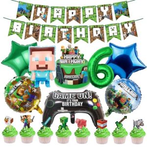 Mine Craft Balloons 6 Year Birthday Decorations Mine Craft Cake Toppers for Boys age 6 Gaming Party Decorations Birthday Gamer Balloons Green Birthday Banner Gaming Cupcake Toppers Cake Decorations