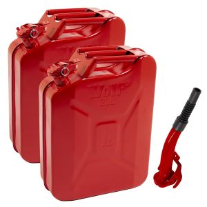 2 x 20 Litre Metal Jerry Cans in Vibrant Red with Pouring Spout Wolf 20L Fuel Gas Diesel Gasoline Petrol Oil Tank Canister 3 Handle Durable Containe
