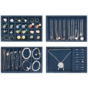 ProCase Jewellery Tray Organiser 4 Set Jewellery Drawer Organiser Velvet Stackable Jewellery Storage Tray for Drawer Jewellery Display for Earring Necklace Ring Bracelet