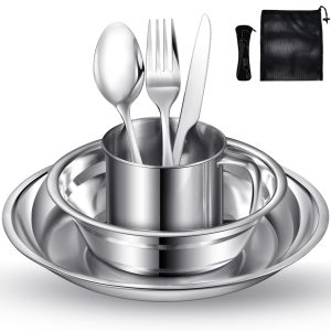 Lafuntar Camping Plate Bowl Cup Cutlery Set for 1