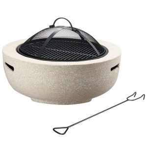 Gr8 Garden Round MGO Fire Pit Round Beige 55cm Large Barbecue Outdoor Garden Patio Barbeque with BBQ Cooking Grill Bowl Mesh Cover And Poker Camping Heater Burne