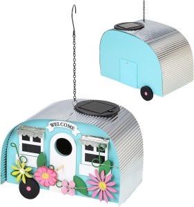 Hanging Tree Caravan Bird House - Metal Colourful Garden Nest Decorative Nesting Box - 10 LED Solar Garden Decor Caravan Light Weather Resistant for Outdoor Garden