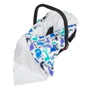 Viculii Double Sided Baby Wrap for car seat | white blue dinosaurs baby wrap swaddle cover cosytoes blanket for car seat 100x100cm