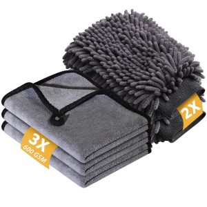 KEYAYE 5 Pcs Car Washing Kit with 3x Microfibre Cleaning Cloth Car and 2er Microfibre Car Wash Mitt
