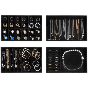 ProCase Jewellery Tray Organiser 4 Set Jewellery Drawer Organiser Velvet Stackable Jewellery Storage Tray for Drawer Jewellery Display for Earring Necklace Ring Bracelet
