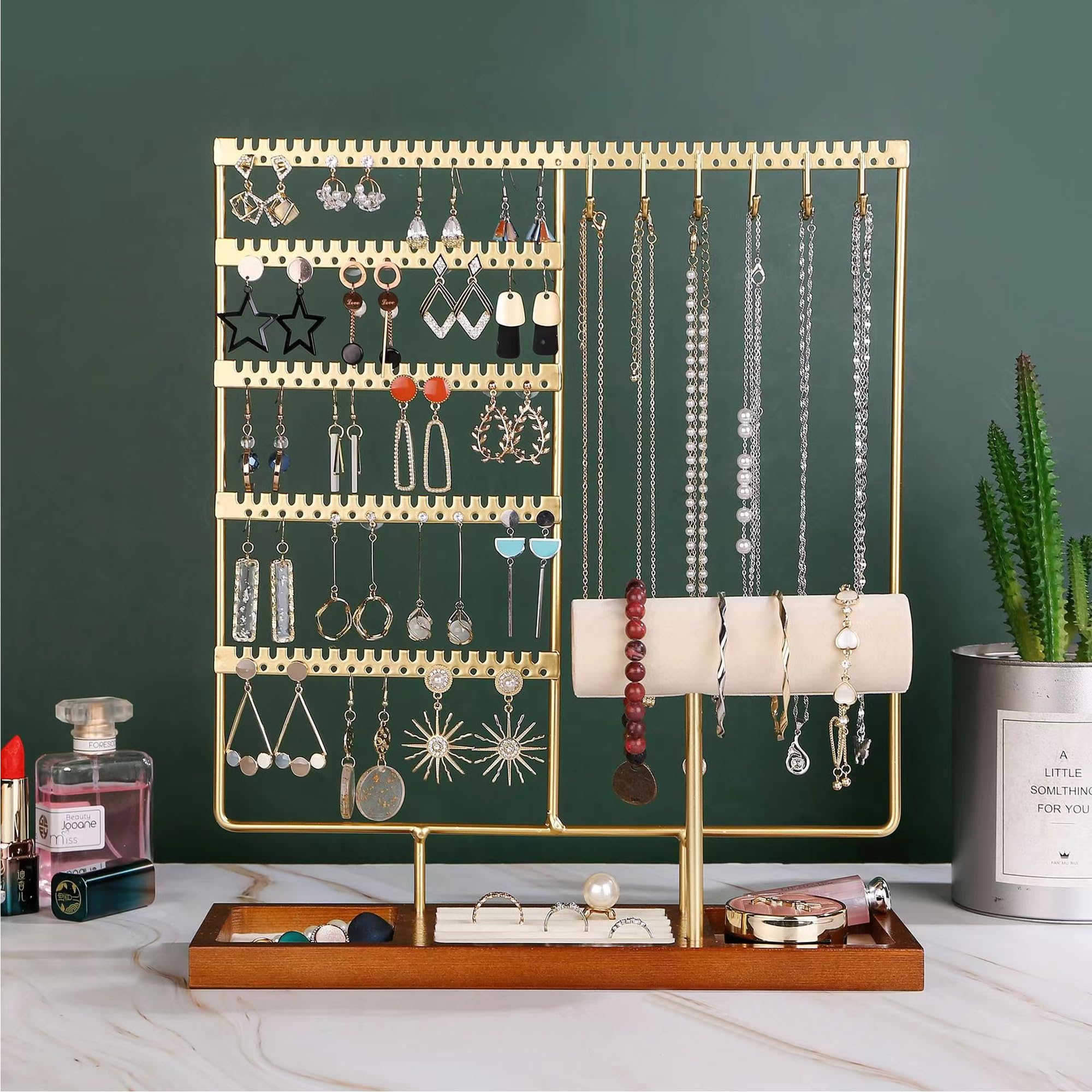 Oursouion Jewellery Stand Jewellery Holder Necklace Stand With Wooden Tray Multi-Tier Earring Stand Velvet Ring Holder for Necklace