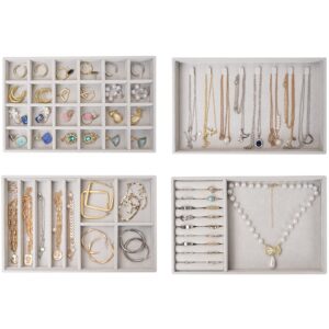 ProCase Jewellery Tray Organiser 4 Set Jewellery Drawer Organiser Velvet Stackable Jewellery Storage Tray for Drawer Jewellery Display for Earring Necklace Ring Bracelet