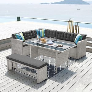Bravich Elba 8-10 Seater Grey Rattan Outdoor Garden Furniture Set. Weatherproof Corner Garden Furniture
