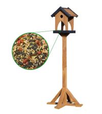 wooden bird table and bird food
