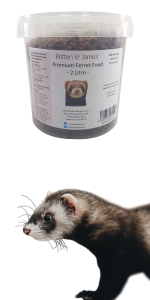 Britten & James Premium Ferret Food in a tub, with a picture of a ferret below it