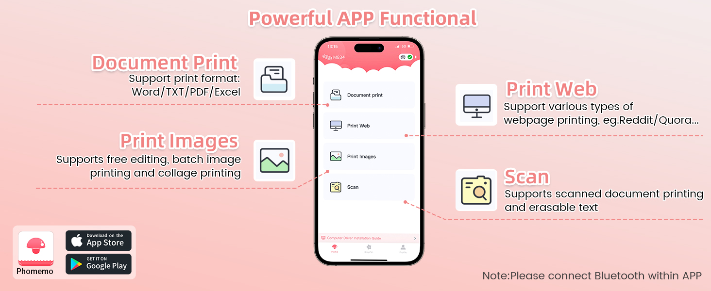 phomemo m834 thermal portable printer a4 bluetooth inkless wireless mobile no ink multifunction