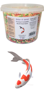 Britten & James Premium Pond Sticks at the top, an orange and white fish swimming below