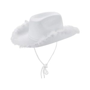 Lizzy White Fluffy Cowboy Hat Women Adult Wide Brim Felt Fluffy Feather Trim Cowgirl Hat Fancy Dress Cowgirl Hats for Halloween Birthday Party