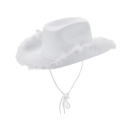 Lizzy White Fluffy Cowboy Hat Women Adult Wide Brim Felt Fluffy Feather Trim Cowgirl Hat Fancy Dress Cowgirl Hats for Halloween Birthday Party