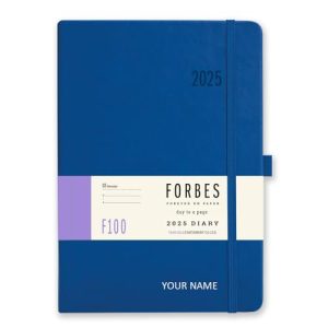 Tangible Stationery Co. Ltd - Forbes 2025 Diary - A5 - Day a Page with Appointments - 80gsm Ivory Paper - Elastic Closure - Personalised Version - Blue
