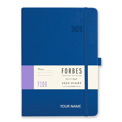 Tangible Stationery Co. Ltd - Forbes 2025 Diary - A5 - Day a Page with Appointments - 80gsm Ivory Paper - Elastic Closure - Personalised Version - Blue