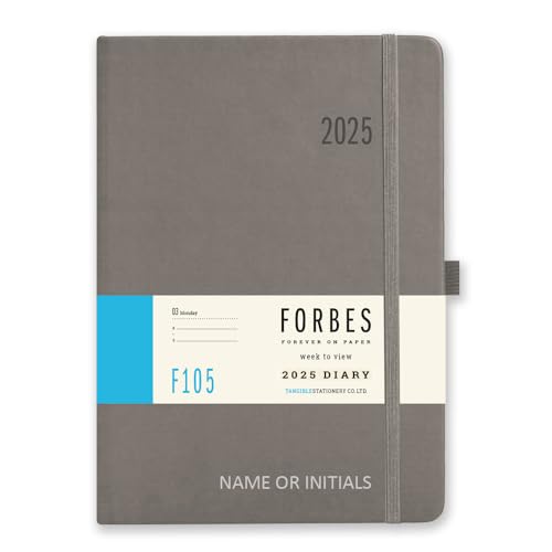 Tangible Stationery Co. Ltd - Forbes 2025 Diary | A5 Size | Week to View with Appointments | Elastic Closure | Document Storage Pocket | Ribbon Marker | Pen Loop | Personalised Version - Grey