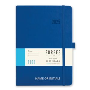 Forbes 2025 Diary from Tangible Stationeryy Co. Ltd | A5 Size | Week to View with Appointments | 80gsm Ivory Paper | Elastic Closure | Document Storage Pocket | Personalised Version - Blue