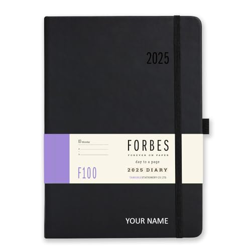 Forbes 2025 Diary from Tangible Stationery - A5 - Day a Page with Appointments - 80gsm Ivory Paper - Elastic Closure - Personalised Version - Black