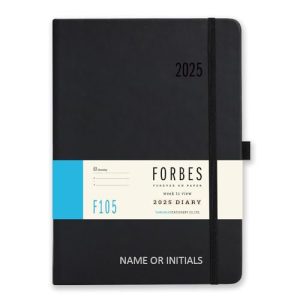 Tangible Stationery Co. Ltd - Forbes 2025 Diary | A5 Size | Week to View with Appointments | 80gsm Ivory Paper | Elastic Closure | Document Storage Pocket | Personalised Version - Black