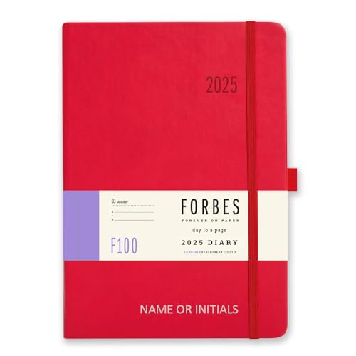 Tangible Stationery Co. Ltd - FORBES 2025 Diary - A5 - Day a Page with Appointments - 80gsm Ivory Paper - Elastic Closure - Personalised Version - Red