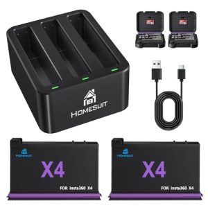 Homesuit Insta360 X4 Replacement Battery 2500mAh and Triple Micro USB Charger Compatible with Insta360 ONE X4 Action Camera Accessories with Misro SD Card Slots (2-Pack)