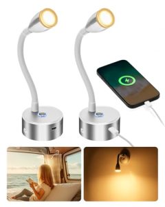 SUPAREE 12V LED Lights USB Caravans 12V Spot Lights Motorhome 12V Reading Light LED Campervan Flexible Gooseneck with Type C Port Touch Switch Dimmable 3000K Acrylic 2pcs