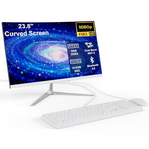 All-in-One Desktop PC 23.8 Inch Curved Display Celeron N100 (Up to 3.4GHz) 8GB RAM 512GB SSD Dual Band WiFi Bluetooth 4.0 USB 2.0*2