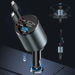 LUOCAI 120W 4 in 1 Car Charger Retractable Car Phone Charger with Retractable Cables and Voltage Display