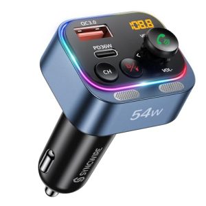 Syncwire Bluetooth 5.4 FM Transmitter Car Adapter 54W (PD 36W & 18W) [Stronger Dual-Mic] [Fast Charging] [Light Switch] [HiFi Deep Bass] Wireless Radio Receiver Hands-Free Calling LED Display
