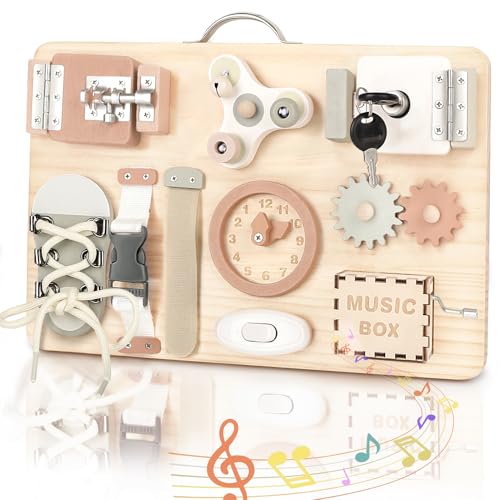 Joyreal Wooden Busy Board for Toddlers - Sensory Board Montessori Toys 1 2 3 Years Old Activity Board Sensory Toys Fidget Board Fine Motor Skills Gift for Girls Boys