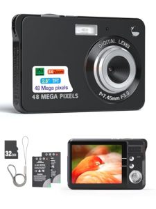 Andoer Digital Camera Video Camera Camcorder 48MP 2.8 Inch TFT Screen Auto Focus 16X Digital Zoom Anti-shake Face Detect Smile Capture Built-in Flash with 2 Batteries 32GB TF Card for Kids-Black