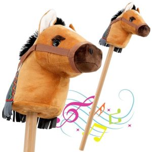 The Magic Toy Shop Kids Brown Hobby Horse Ride on Stick Toy with Sound Pretend Play Toys Children Toy Toddler Gifts