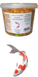 Britten & James Premium Multi-Pond Flakes at the top, an orange and white fish swimming below